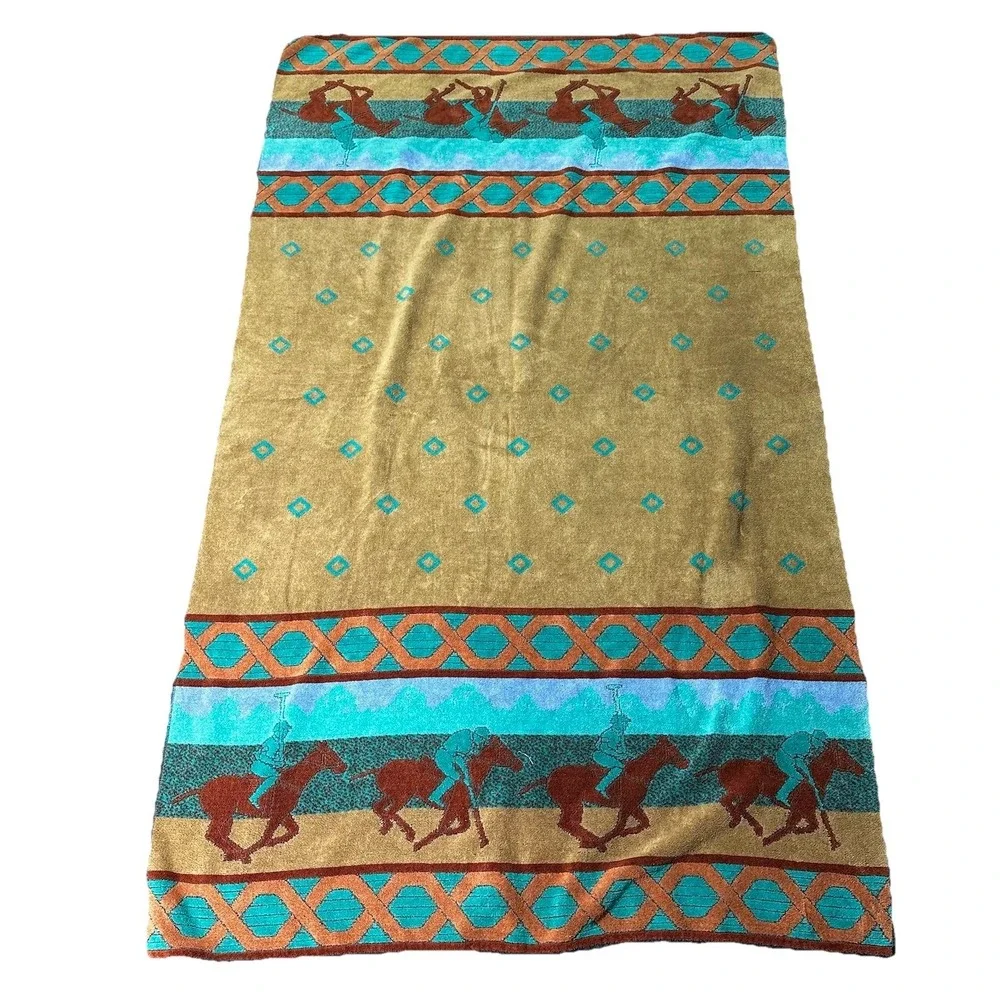 Vintage Royal Terry Beach Towel 66x38.5 Polo Horse Scene Equestrian
